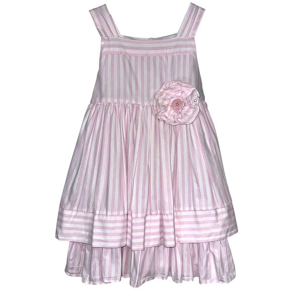 Laura Ashley Pink White Stripe Rosette Girls Tiered Dress Size 4